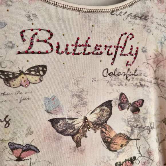 Y2K Cactus 100% Cotton Peach Pink Butterfly Gold Crystal Embelilshed Top Size M - Picture 9 of 11